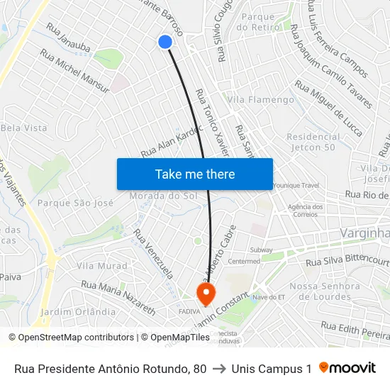 Rua Presidente Antônio Rotundo, 80 to Unis Campus 1 map