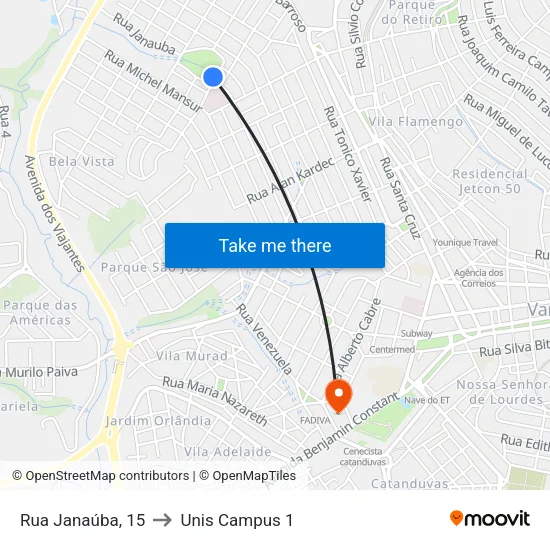 Rua Janaúba, 15 to Unis Campus 1 map