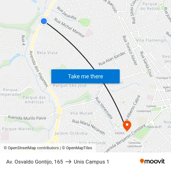 Av. Osvaldo Gontijo, 165 to Unis Campus 1 map
