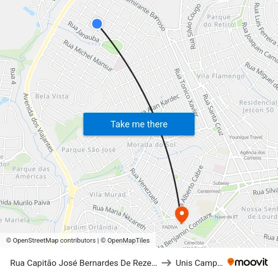 Rua Capitão José Bernardes De Rezende, 1289 to Unis Campus 1 map