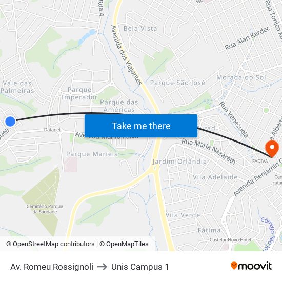 Av. Romeu Rossignoli to Unis Campus 1 map