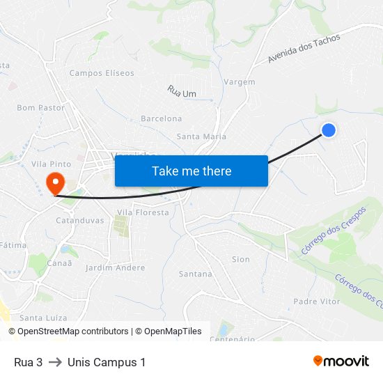 Rua 3 to Unis Campus 1 map