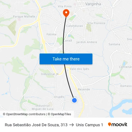 Rua Sebastião José De Souza, 313 to Unis Campus 1 map