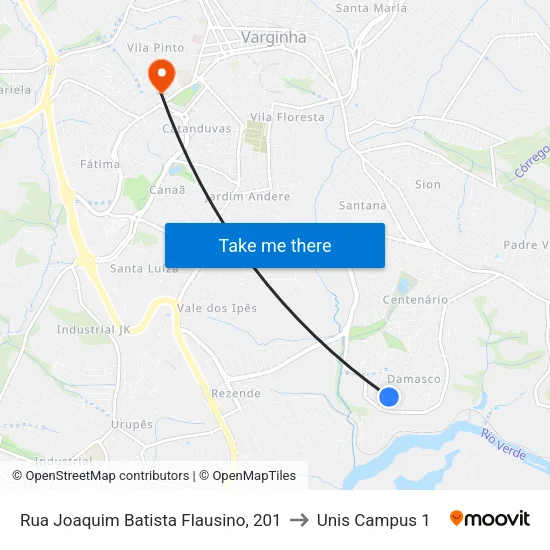 Rua Joaquim Batista Flausino, 201 to Unis Campus 1 map