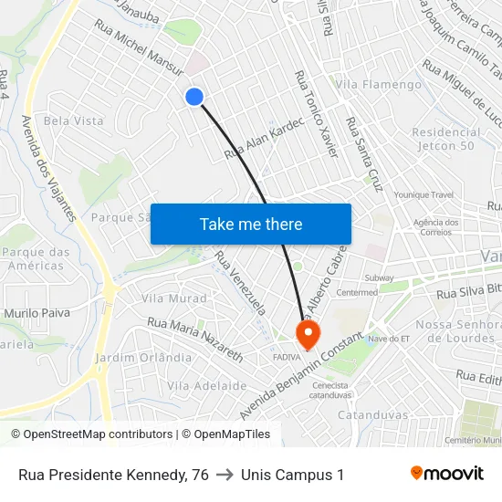Rua Presidente Kennedy, 76 to Unis Campus 1 map