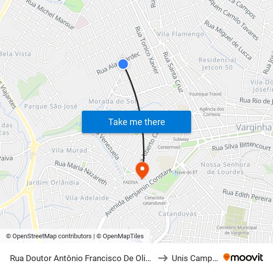 Rua Doutor Antônio Francisco De Oliveira, 280 to Unis Campus 1 map