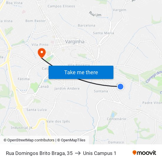 Rua Domingos Brito Braga, 35 to Unis Campus 1 map