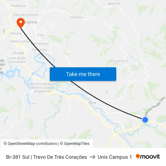 Br-381 Sul | Trevo De Três Corações to Unis Campus 1 map