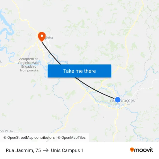 Rua Jasmim, 75 to Unis Campus 1 map