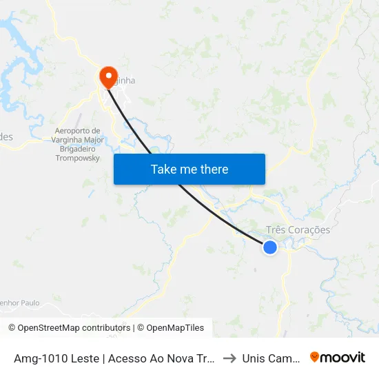 Amg-1010 Leste | Acesso Ao Nova Três Corações to Unis Campus 1 map