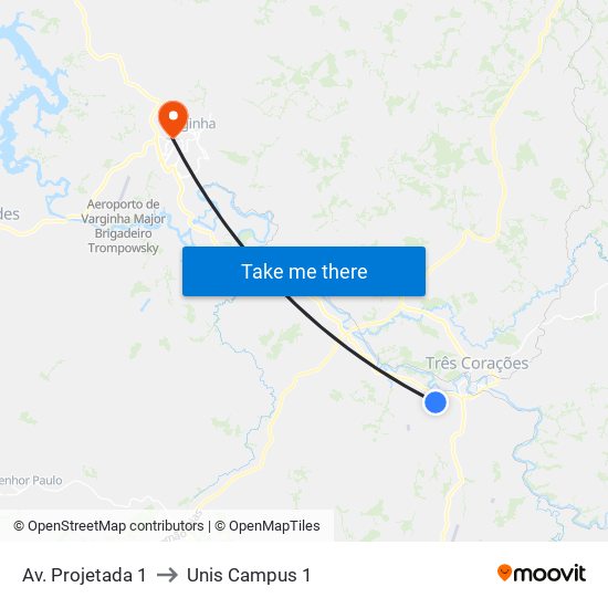 Av. Projetada 1 to Unis Campus 1 map