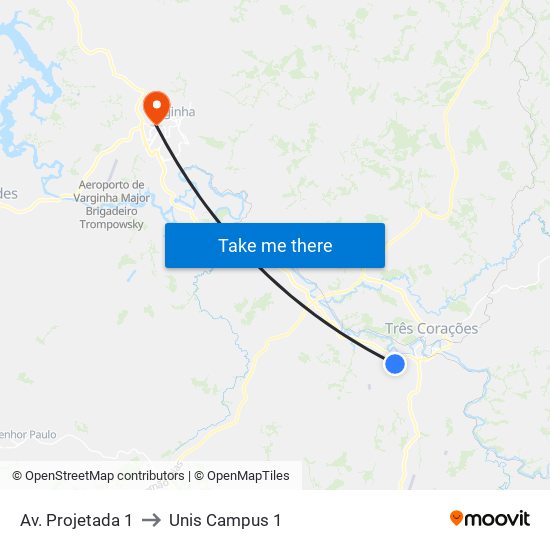 Av. Projetada 1 to Unis Campus 1 map