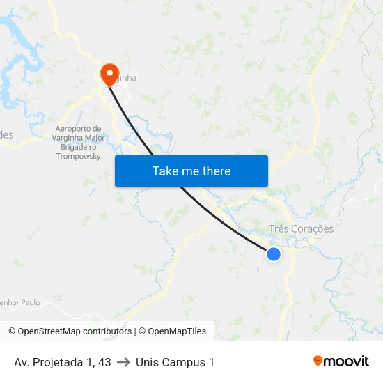 Av. Projetada 1, 43 to Unis Campus 1 map