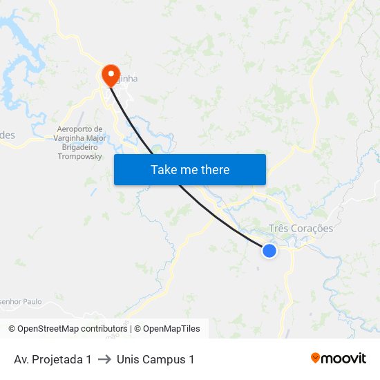 Av. Projetada 1 to Unis Campus 1 map