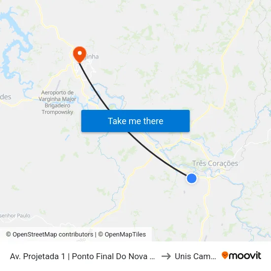 Av. Projetada 1 | Ponto Final Do Nova Três Corações to Unis Campus 1 map
