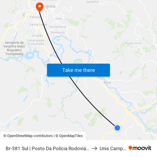 Br-381 Sul | Posto Da Polícia Rodoviária Federal to Unis Campus 1 map