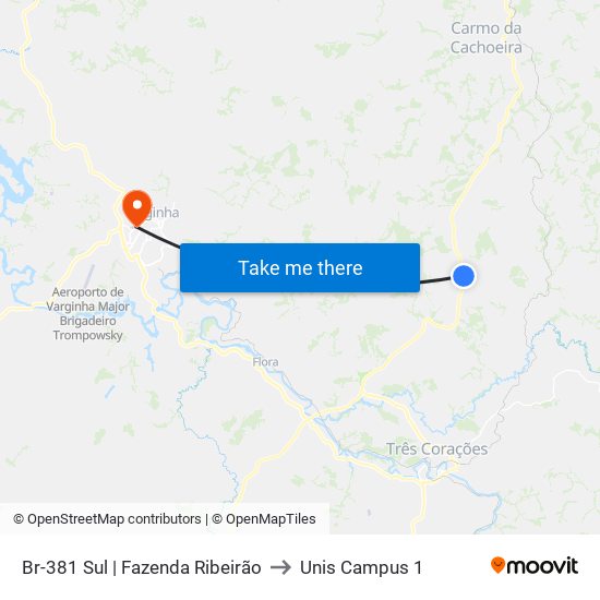 Br-381 Sul | Fazenda Ribeirão to Unis Campus 1 map