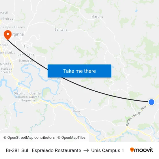 Br-381 Sul | Espraiado Restaurante to Unis Campus 1 map