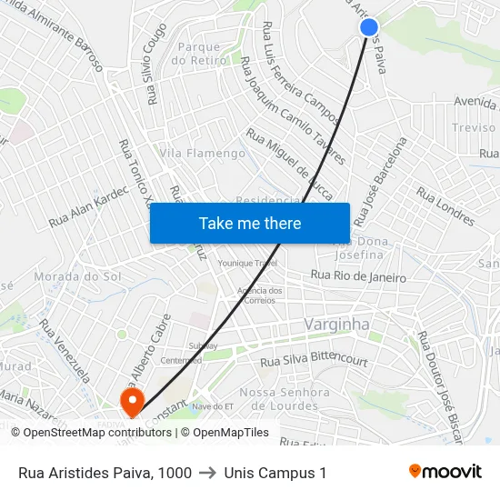 Rua Aristides Paiva, 1000 to Unis Campus 1 map