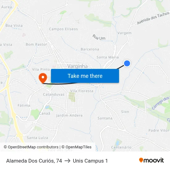 Alameda Dos Curiós, 74 to Unis Campus 1 map