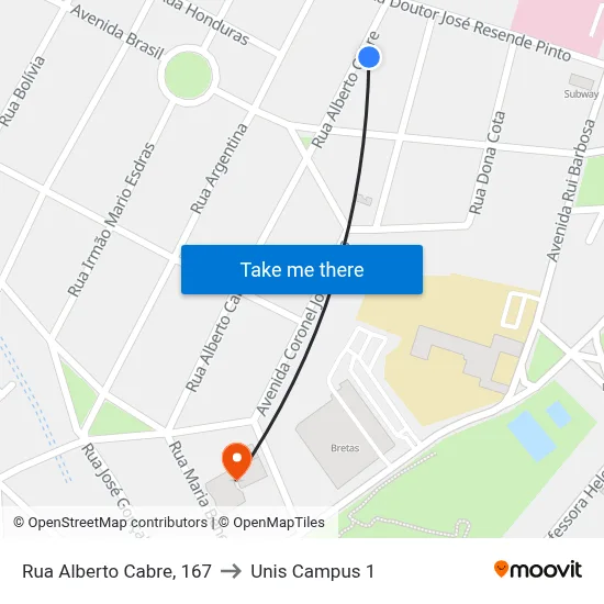 Rua Alberto Cabre, 167 to Unis Campus 1 map