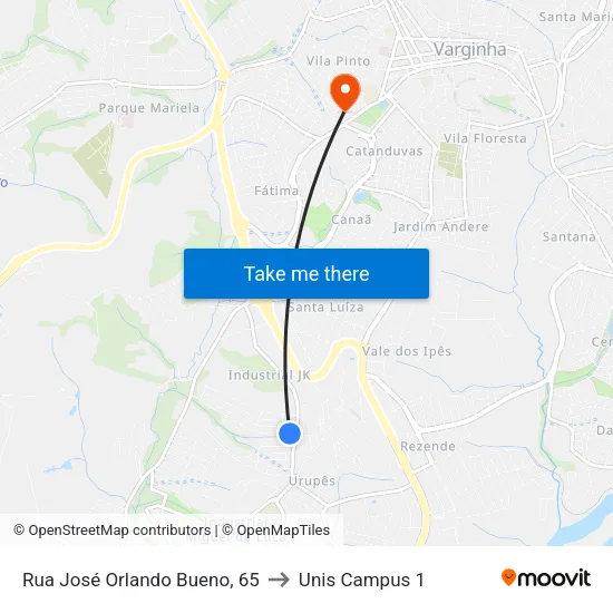 Rua José Orlando Bueno, 65 to Unis Campus 1 map