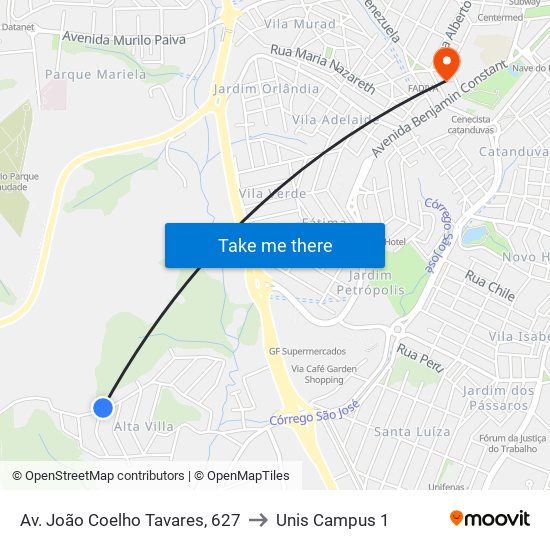 Av. João Coelho Tavares, 627 to Unis Campus 1 map