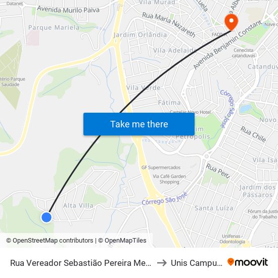 Rua Vereador Sebastião Pereira Menezes to Unis Campus 1 map