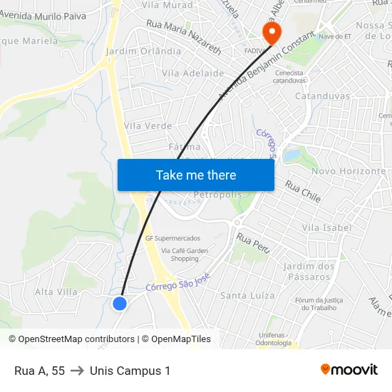 Rua A, 55 to Unis Campus 1 map