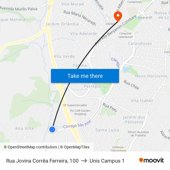 Rua Jovina Corrêa Ferreira, 100 to Unis Campus 1 map