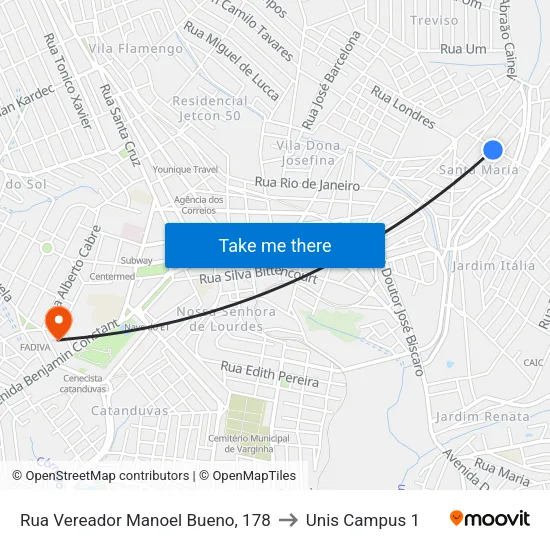 Rua Vereador Manoel Bueno, 178 to Unis Campus 1 map
