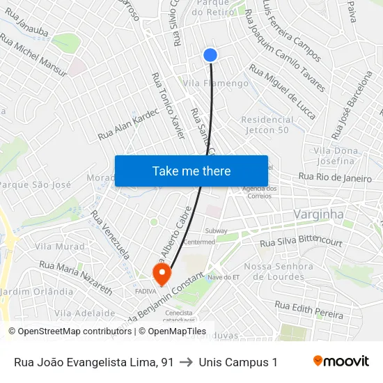 Rua João Evangelista Lima, 91 to Unis Campus 1 map