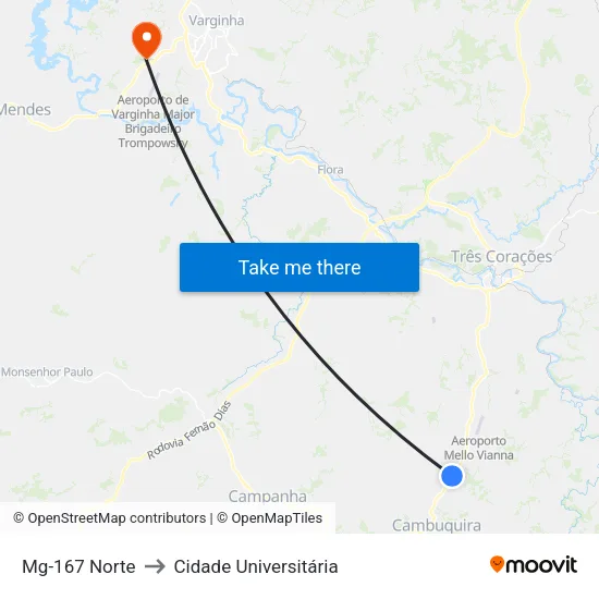 Mg-167 Norte to Cidade Universitária map