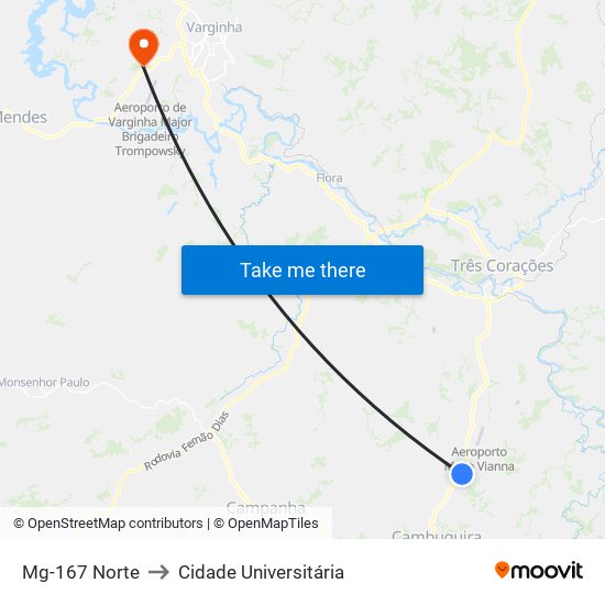 Mg-167 Norte to Cidade Universitária map