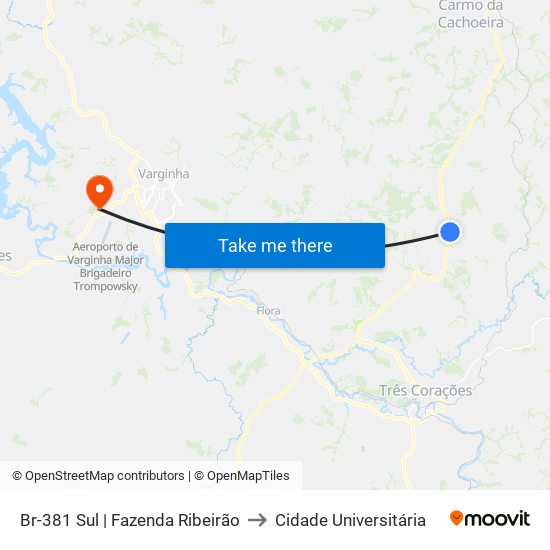 Br-381 Sul | Fazenda Ribeirão to Cidade Universitária map