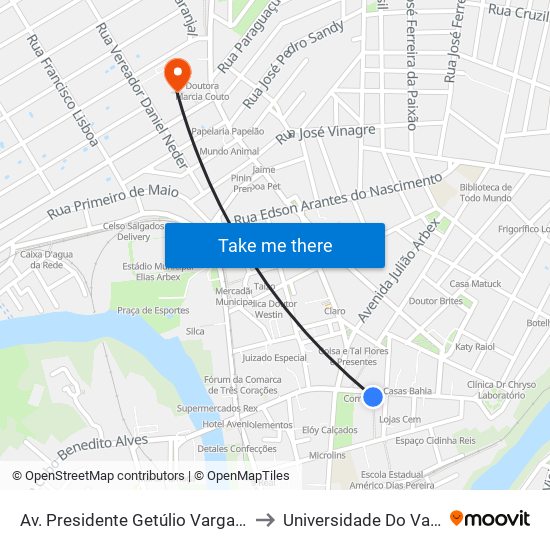 Av. Presidente Getúlio Vargas, 318 | Praça Central to Universidade Do Vale Do Rio Verde map