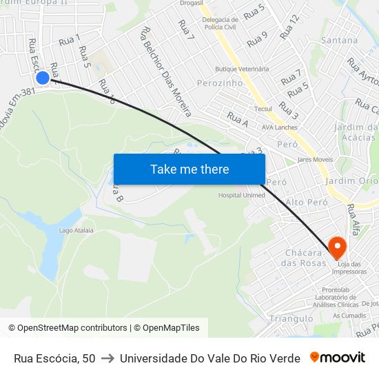 Rua Escócia, 50 to Universidade Do Vale Do Rio Verde map