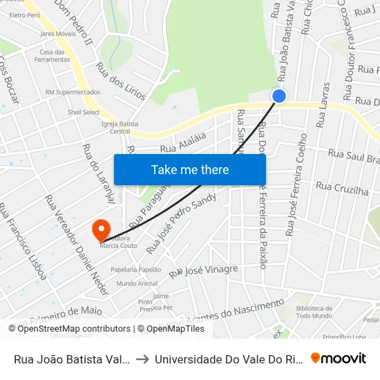 Rua João Batista Valim, 65 to Universidade Do Vale Do Rio Verde map