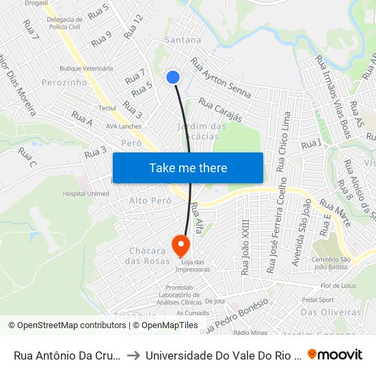 Rua Antônio Da Cruz, 31 to Universidade Do Vale Do Rio Verde map