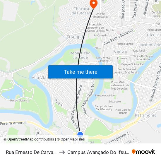 Rua Ernesto De Carvalho, 101 to Campus Avançado Do Ifsuldeminas map