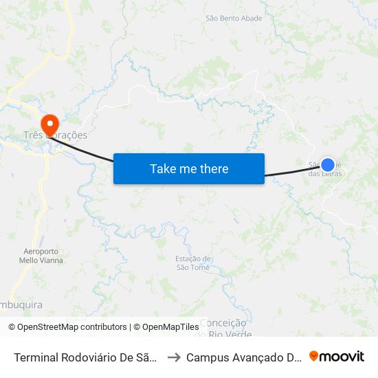Terminal Rodoviário De São Tomé Das Letras to Campus Avançado Do Ifsuldeminas map