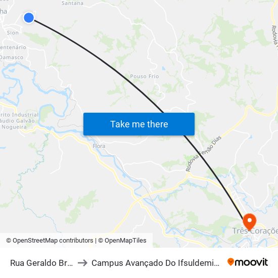 Rua Geraldo Braz to Campus Avançado Do Ifsuldeminas map