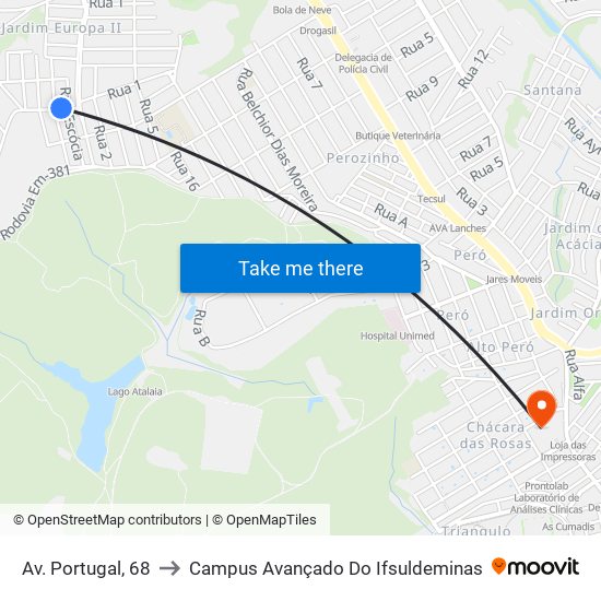 Av. Portugal, 68 to Campus Avançado Do Ifsuldeminas map