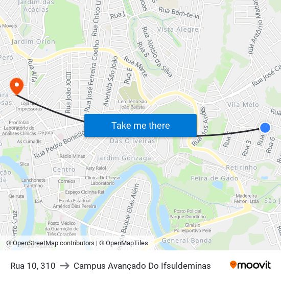 Rua 10, 310 to Campus Avançado Do Ifsuldeminas map