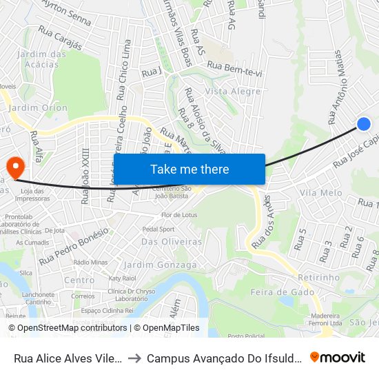 Rua Alice Alves Vilela, 90 to Campus Avançado Do Ifsuldeminas map