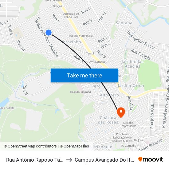 Rua Antônio Raposo Tavares, 740 to Campus Avançado Do Ifsuldeminas map