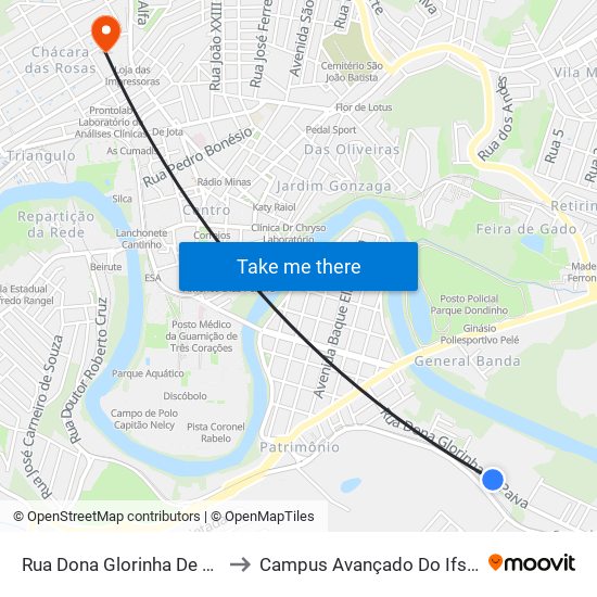 Rua Dona Glorinha De Paiva, 655 to Campus Avançado Do Ifsuldeminas map