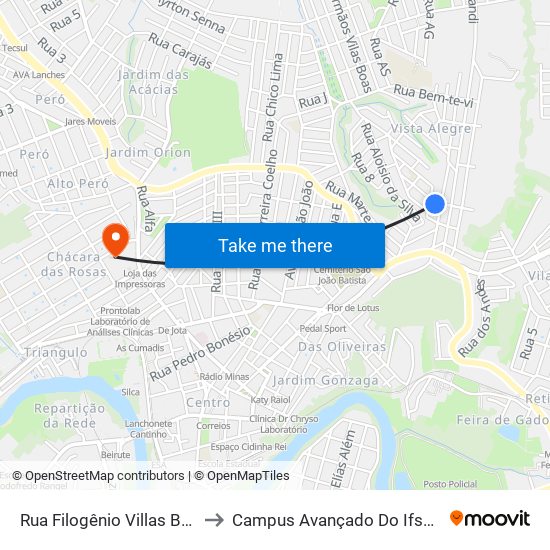 Rua Filogênio Villas Boas, 349 to Campus Avançado Do Ifsuldeminas map