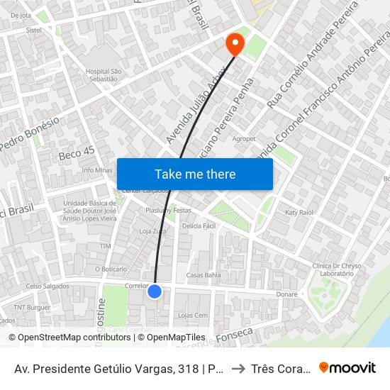 Av. Presidente Getúlio Vargas, 318 | Praça Central to Três Corações map