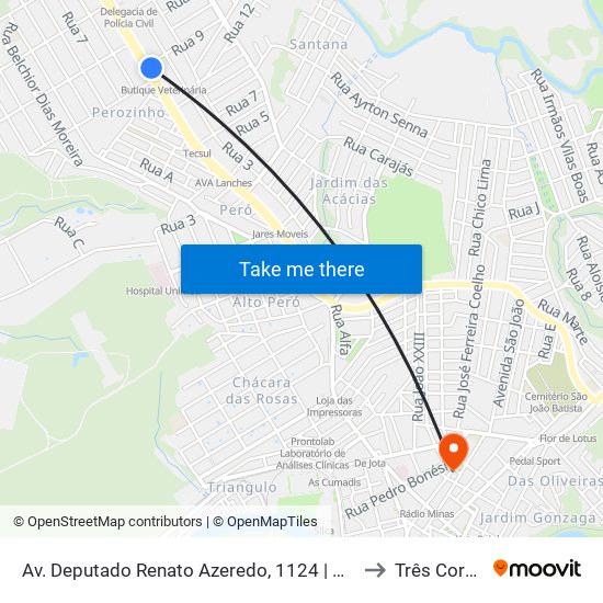 Av. Deputado Renato Azeredo, 1124 | Cive/Bombeiros to Três Corações map